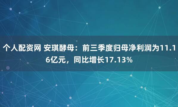 个人配资网 安琪酵母：前三季度归母净利润为11.16亿元，同比增长17.13%